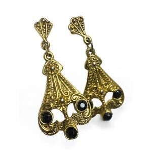 Goldtone Black Post Pierced Earrings Art Deco Style 2 Inch Drop